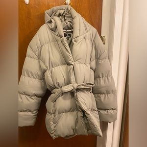 ASOS sage green puffer jacket.